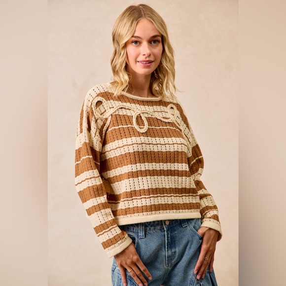 BiBi Sweaters - BiBi Striped Open Knit Sweater Top with Front Braided Detail 10010051743